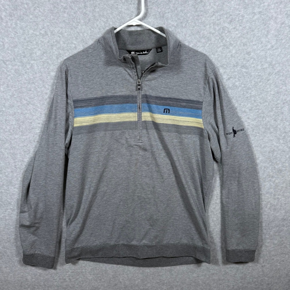 TravisMathew Mens Gray Medium Quarter Zip Pullover Striped West Shore Logo
